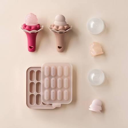 Ice Cream Shaped Silicone Ice Mold Set with round ice balls and mini cube tray