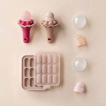 Ice Cream Shaped Silicone Ice Mold Set with round ice balls and mini cube tray